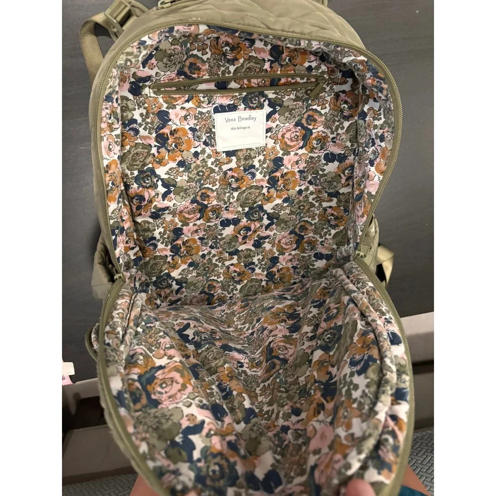Vera Bradley Quilted Backpack Sage Green Floral Lining Large School Travel Bag